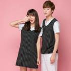 Couple Matching Mock Two Piece Striped Panel Short Sleeve T-shirt