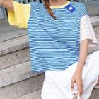 Color-block Striped Short-sleeve Tee Stripe - Blue - One Size