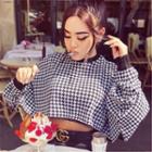 Puff Sleeve Houndstooth Crop Pullover