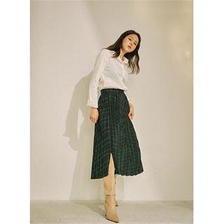 Slit-hem Plaid Pleated Skirt