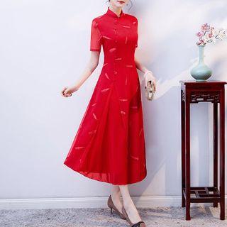 Feather Short-sleeve A-line Midi Cheongsam
