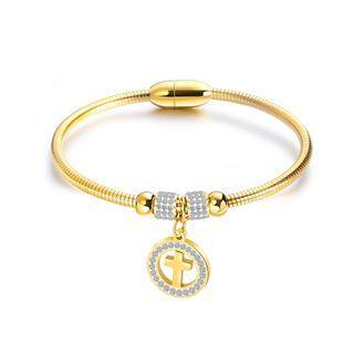 Fashion Classic Plated Gold Cross Geometry Round 316l Stainless Steel Bangle With Cubic Zirconia Golden - One Size