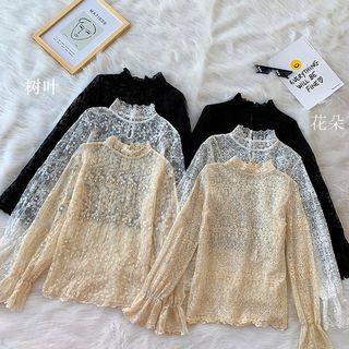 Long-sleeve Mock Neck Lace Ruffled Top