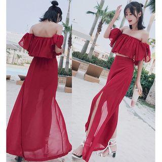 Set: Off-shoulder Cropped Top + Maxi Slit Skirt