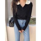 Open-placket Frilled-collar Knit Top