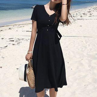 Short-sleeve Ribbon Back Dress