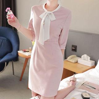 Contrast-tie Faux-pearl Buttoned Sheath Dress