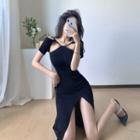 Short-sleeve Strappy Side-slit Midi A-line Dress