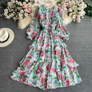 Long Sleeve Floral Print Tiered Maxi Dress