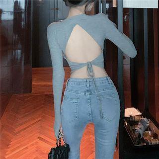 Open Back Plain Drawstring Cropped Top