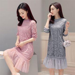 Ruffle Hem Long-sleeve Lace Dress