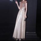 Cap Sleeve Stand Collar Sequined A-line Evening Gown