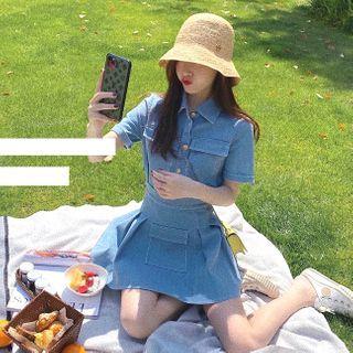 Set: Denim Short-sleeve Shirt + Mini A-line Pleated Skirt