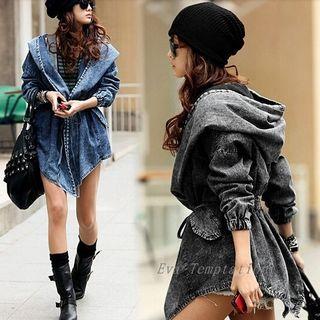 Gathered-waist Long-sleeved Hooded Denim Long Open-front Tweed Coat
