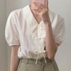 Puff-sleeve Plain Tie-strap Shirt