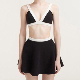 Set: Contrast Trim Bikini Top + Bottom + Swim Skirt