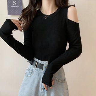 Plain Round-neck Off-shoulder Long-sleeve Top