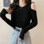 Plain Round-neck Off-shoulder Long-sleeve Top