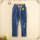 Drawstring Cat Embroidered Straight Leg Jeans