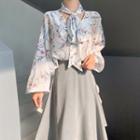 Floral Print Tie-neck Chiffon Blouse / Asymmetrical A-line Skirt