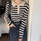 Denim Midi A-line Skirt / Striped Sweatshirt