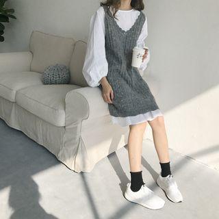 Long Sleeve Dress / V-neck Knit Vest