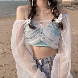 Set: Off-shoulder Mesh Cropped Blouse + Camisole Top Camisole Top - Blue - One Size / Blouse - White - One Size
