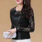 Long-sleeve Faux Leather Panel Lace Top