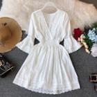 Elbow-sleeve Lace Trim A-line Dress White - One Size