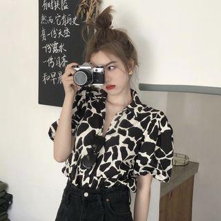 Short-sleeve Leopard Print Shirt Shirt - Black & Off White - One Size