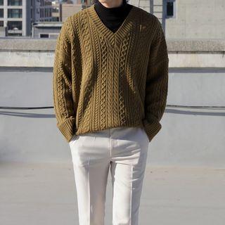 V-neck Loose-fit Cable-knit Top