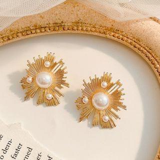 Faux Pearl Earring 01# - 1 Pair - S925 Silver Needle - Gold - One Size