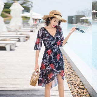 Swim Set: Patterned Tankini + Elbow-sleeve Beach Beach Cover