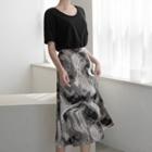 Printed Long A-line Skirt Dark Gray - One Size