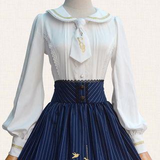 Embroidered Neck Tie Long-sleeve Blouse