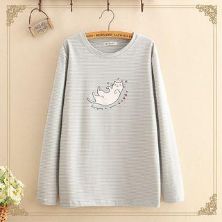 Cat Print Pinstripe Long-sleeve Top