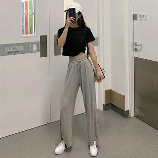 Plain Short-sleeve Crop Top / Drawstring Wide-leg Pants