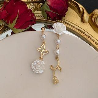 Flower Butterfly Asymmetrical Dangle Earring