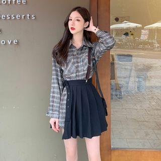 Plaid Shirt / One-shoulder Mini Suspender Skirt