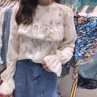 Long-sleeve Lace Trim Chiffon Top Milky White - One Size