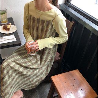Long-sleeve T-shirt / Spaghetti Strap Plaid Midi Dress