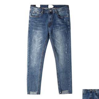 Cut-out Hem Washed Skinny Jeans