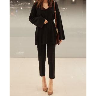 V-neck Long Knit Top With Sash