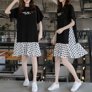Mock Two-piece Short-sleeve Dotted Panel T-shirt Dress
