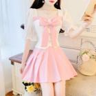 Set: Puff-sleeve Bow-accent Blouse + Pleated Skirt