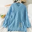 Hem-details Cable-knit V-neck Long Sweater