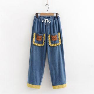 Bear Embroidered Tapered Jeans Blue - One Size