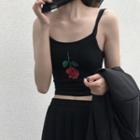 Rose Embroidery Spaghetti Strap Top Black - One Size