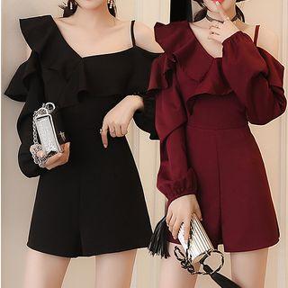 Ruffle Trim Off Shoulder Long Sleeve Playsuit
