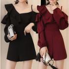 Ruffle Trim Off Shoulder Long Sleeve Playsuit